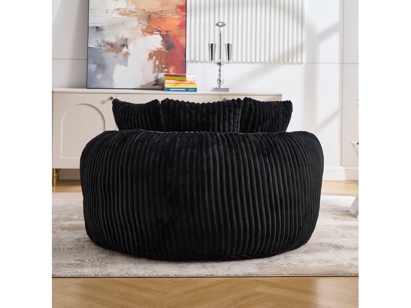 Fauteuil rond sans pieds en chenille noire avec cinq coussins et repose-pieds  - Conforama E