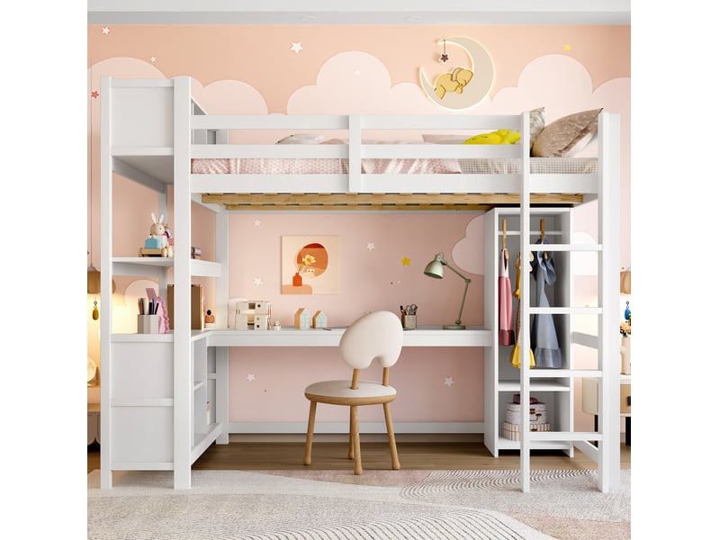  Lit en hauteur, 140x200 cm, lit en hauteur, avec bureau, rangements, matelas non inclus, bois et mdf, coloris blanc  - Conforama B