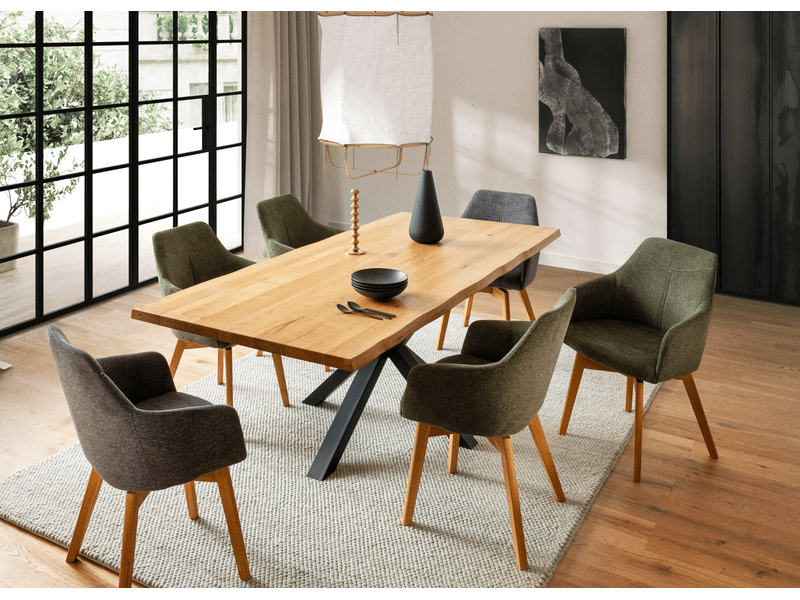  Table à manger avec bord irrégulier coloris chêne massif naturel et pieds en métal forme croisée - longueur 200 x profondeur 100 x hauteur 76 cm  - Conforama B