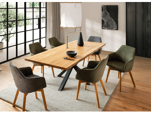 Table à manger avec bord irrégulier coloris chêne massif naturel et pieds en métal forme croisée - longueur 200 x profondeur 100 x hauteur 76 cm