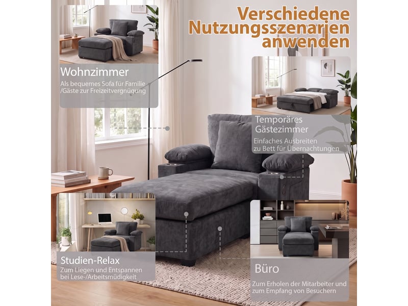  Fauteuil gris foncé en chenille avec pouf, 98 × 148 × 83 cm, rangements dissimulés, port usb et poches latérales  - Conforama D
