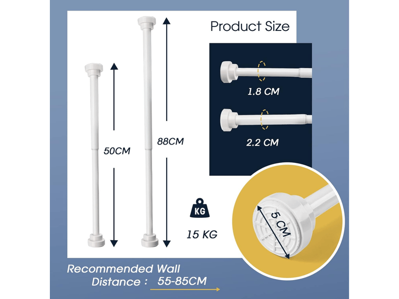  Tringle à rideau de douche télescopique rétractable en acier inoxydable, 55-85 cm du mur, blanche  - Conforama E