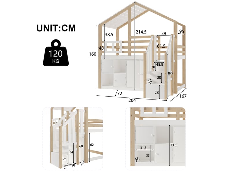  Lit mezzanine maison 90x200 cm avec rangement bois blanc et naturel sans matelas  - Conforama E