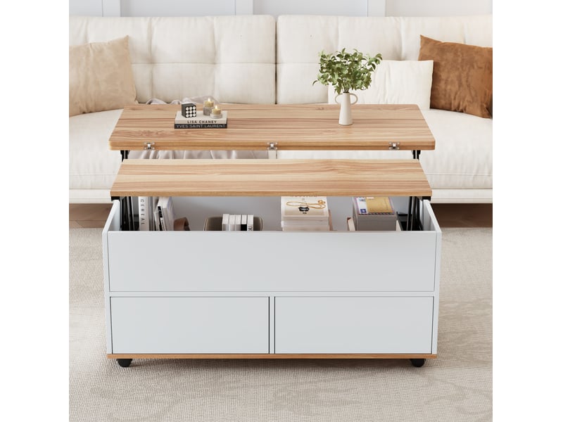  Table basse relevable à roulettes avec rangement 100x98x65 cm, blanche  - Conforama D