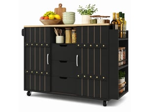 Desserte de cuisine avec 3 tiroirs, 2 portes coulissantes, plateau rabattable, roulettes en mdf, 110×42×90 cm, noir