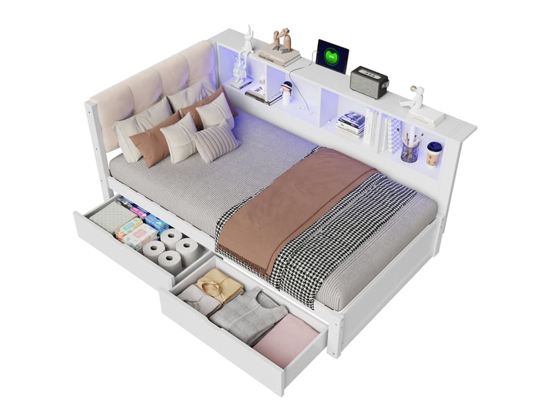  Lit banquette 90x200 cm avec 2 tiroirs, étagère 3 niveaux, led dimmable et usb,mdf+pin,blanc Morn Vibe - Conforama A