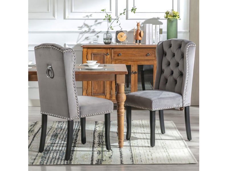  Lot de 4 chaises de salle à manger en velours gris avec pieds en chêne  - Conforama C