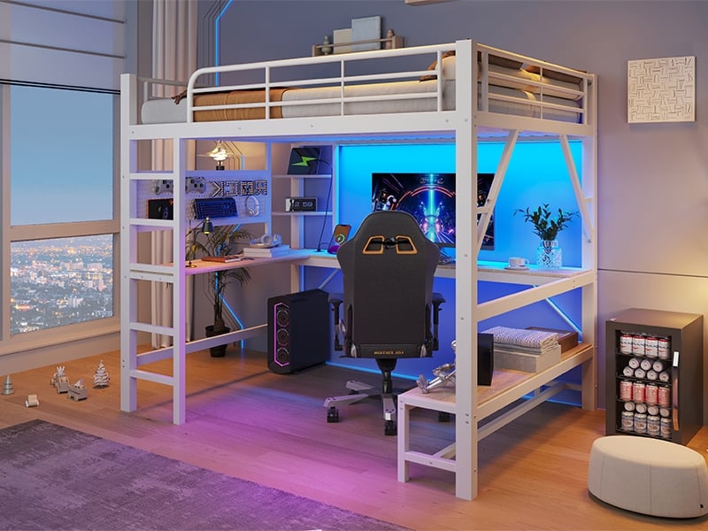  Lit mezzanine 160 x 200 cm, avec bureau, garde-corps, échelle, étagères, usbusb-c, led, panneau perforé, blanc  - Conforama B