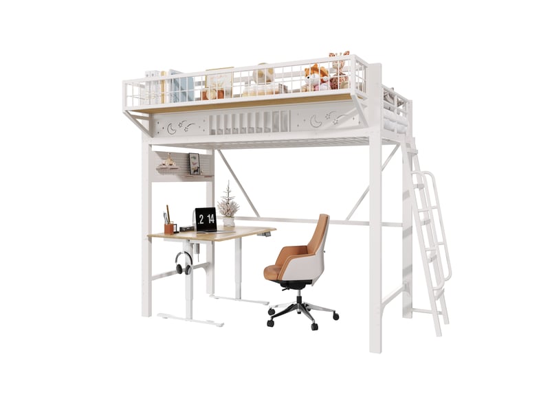  Lit mezzanine 2 personnes 90x200cm - lit haut double avec étagères de rangement, espace ouvert en bas, métal blanc evarich - Conforama A