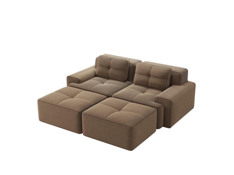 Canapé modulaire 2 places en velours côtelé marron avec ottomans, agencement en u, sans montage pour le salon - Conforama A