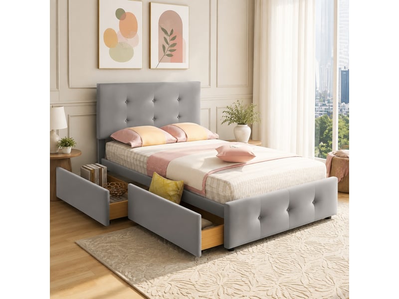 Lit simple 90x200 cm avec tiroirs, sommier à lattes et tête de lit réglable gris  - Conforama D