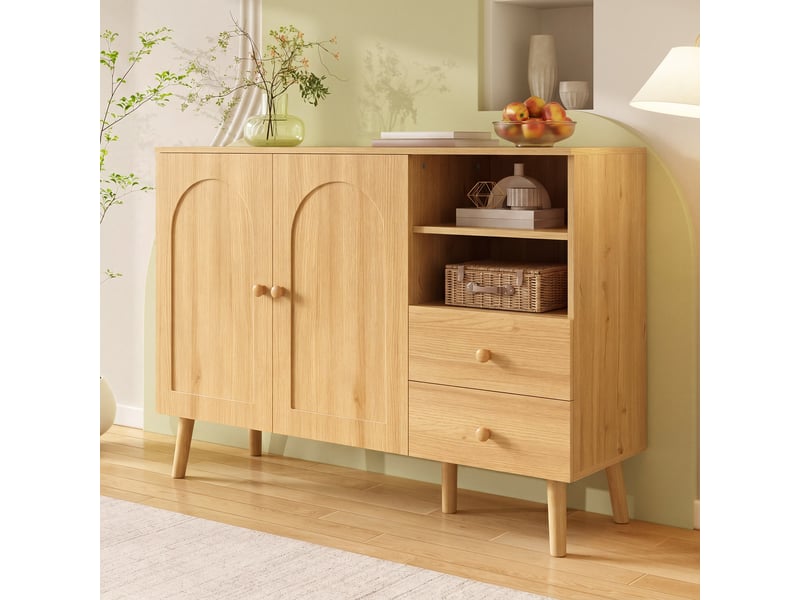 Meuble de rangement 118 x 35 x 82 cm, 2 portes, 2 tiroirs, niches ouvertes, mdf et pb, style naturel - Conforama D