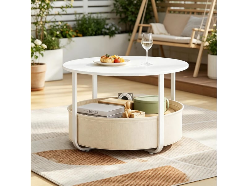  Table basse 80x80x50 cm, panier en toile, meuble d'appoint, rangement salon, salon, en toile et métal, beige et blanc  - Conforama E