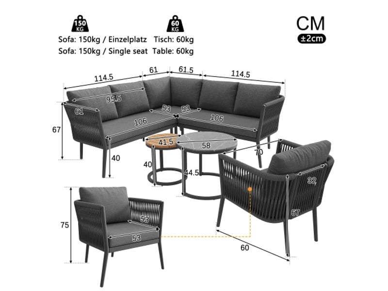 Ensemble de salon de jardin modulable - 6 pièces - rotin pe - coussins imperméables gris - Conforama A
