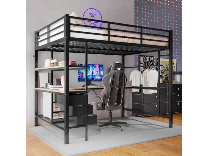  Lit mezzanine 140x200 cm coloris noir led métal lit enfant noir - Conforama E