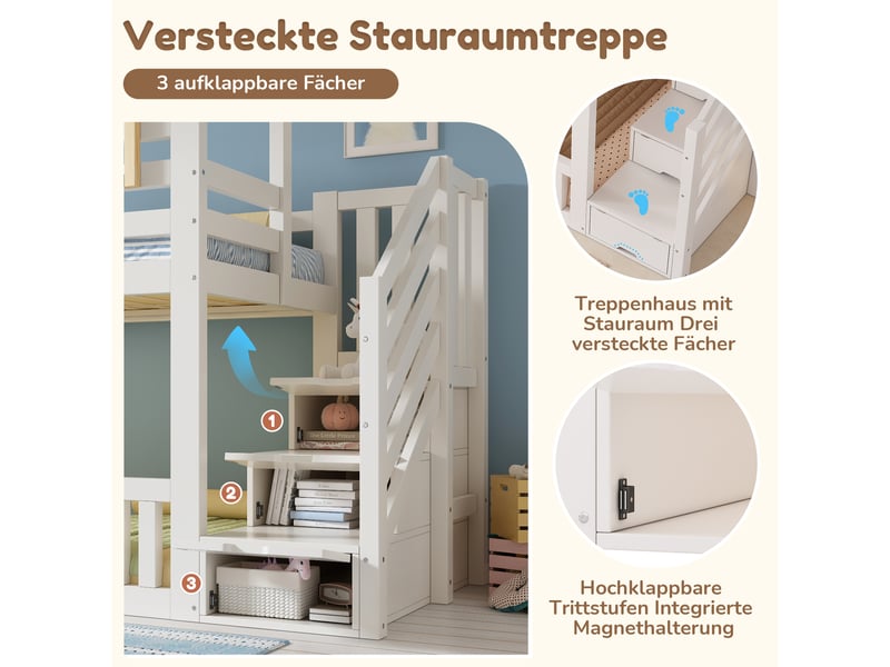  Lit superposé cabane 90x200 cm blanc avec escalier de rangement, lit enfant en bois avec fenêtres et sommier inclus  - Conforama R