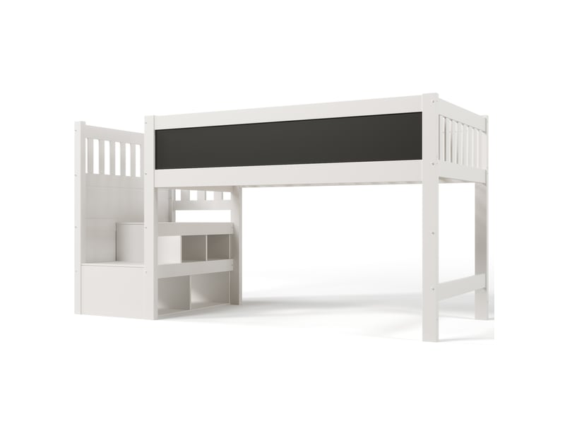 Lit mezzanine enfant 90x200 cm avec échelle rangement, tableau noir et barrière de sécurité, lit haut en bois blanc - (sans matelas) - Conforama A