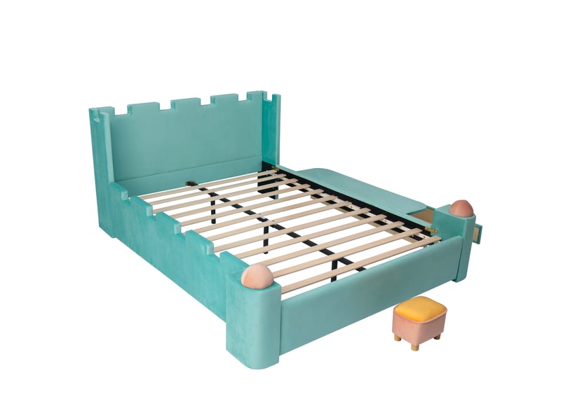  Lit double enfant capitonné, tablette latérale rabattable, tiroir de rangement, motif château, coussins moelleux anti-choc, velours français, bleu canard, 140 x 200 cm  - Conforama E