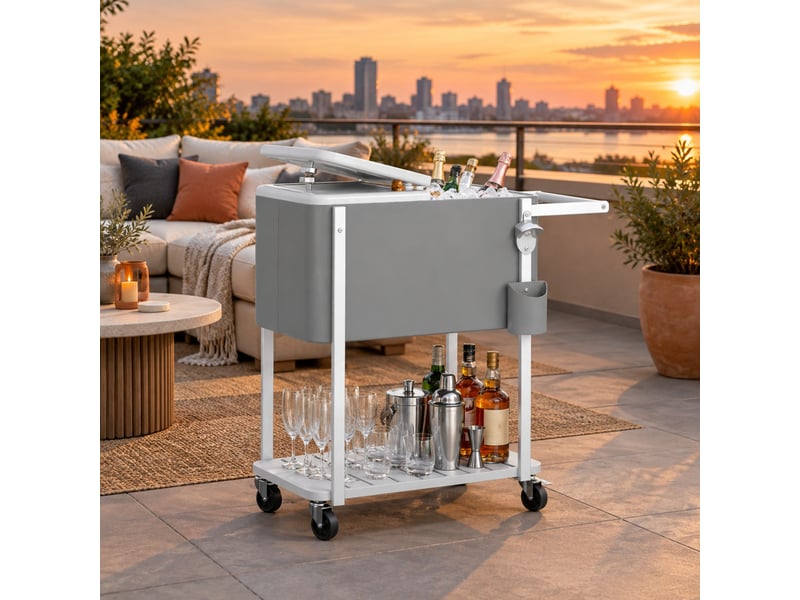 Desserte de cuisine avec bac de 56 l, 1 étagère, roulettes et ouvre-bouteille pour jardin, 84×38×83 cm, grise - Conforama C