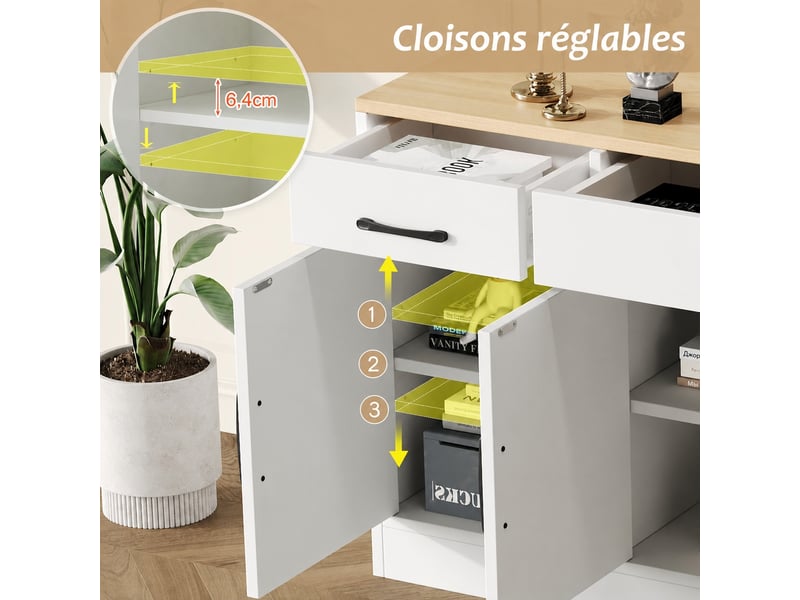 Buffet 4 portes 3 tiroirs en mdf 160 cm blanc et bois - Conforama E