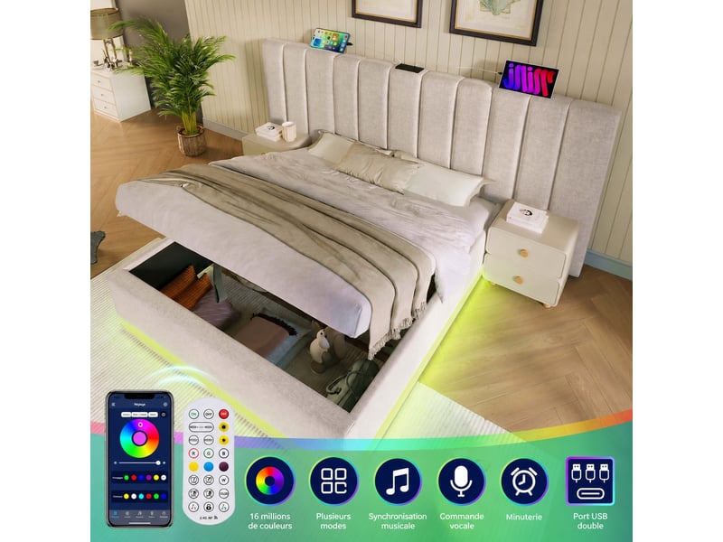  Lit double 180 x 200 cm, lit coffre hydraulique avec rangement, led, usb-c, lin beige  - Conforama B