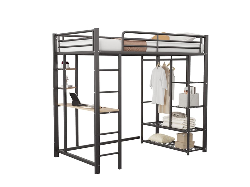  Lit mezzanine 200×90 cm avec bureau, rangements et penderie, sans matelas, en métal noir  - Conforama A