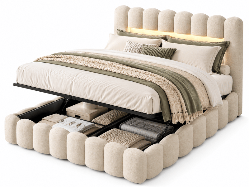  Lit coffre 160x200cm avec rangement et sommier à lattes -  lit bubble 2 personnes - cadre de lit - lit rembourré lit double hydraulique avec éclairage led port usb rangement et sommier à latte - tissu en lin - chambre adulteado …  - Conforama A