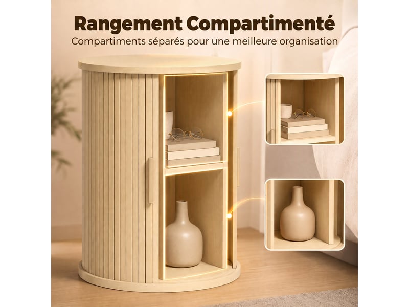  Table de chevet, table de nuit ronde cannelée avec porte coulissante, pour chambre à coucher, salon, 40x40x50cm, chêne  - Conforama R