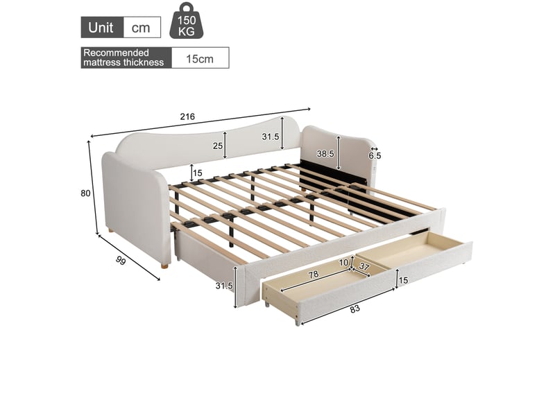  Modenvie lit gigogne 90x200 cm - extensible 180x200, 2 tiroirs de rangement - sommier inclus, sans matelas - beige  - Conforama C