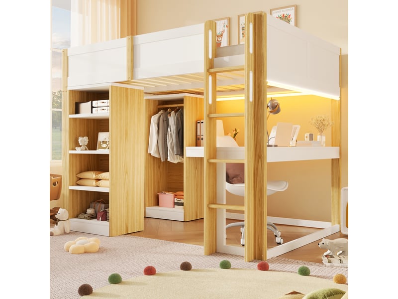 Lit mezzanine 140x200 cm, lit combiné, bureau intégré, armoire intégrée, rangements intégrés, éclairage led, bois massif et mdf blanc et naturel OPULERANE TRADING LTD - Conforama B
