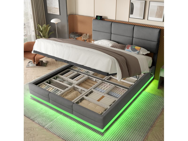  Lit coffre 2 places 180x200 cm, sans matelas, velours gris, led intégré, usb, doté de tête de lit ajustable en hauteur  - Conforama B