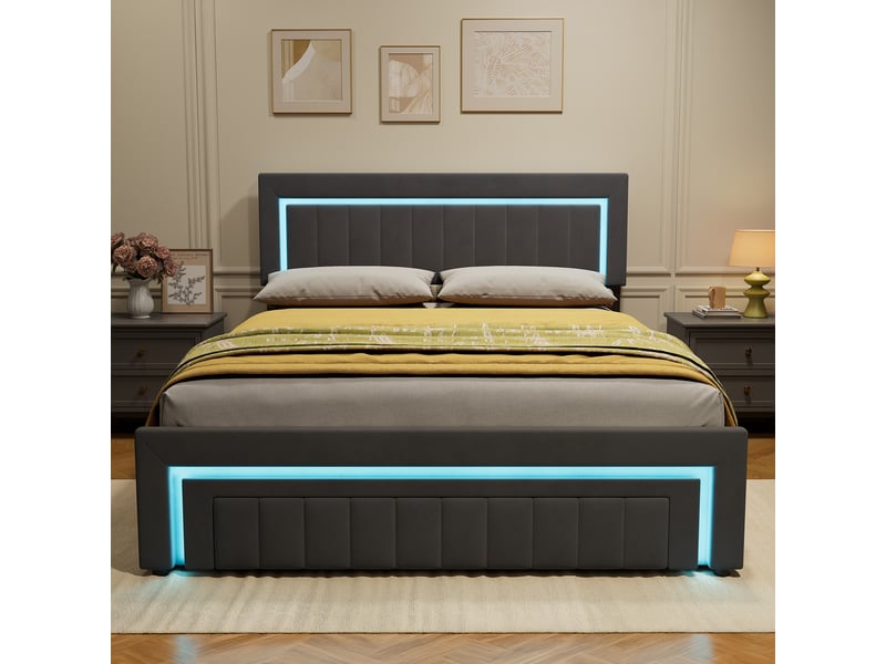  Lit coffre rembourré 160x200 avec led, tiroirs et rangement cravdom  - Conforama C