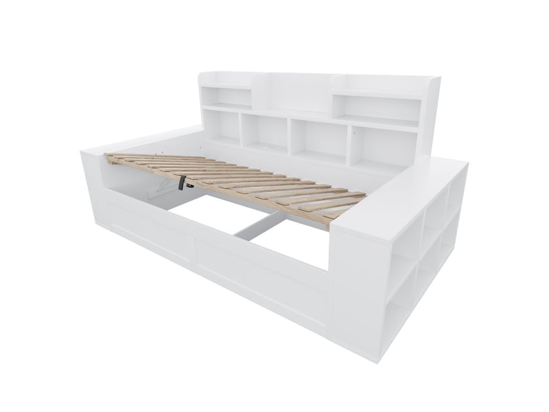  Canapé-lit multifonction en bois 90 x 200 cm, coffre hydraulique, rangements et les accoudoirs, prise électrique, éclairage led, blanc  - Conforama E