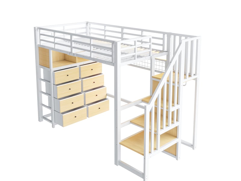 Lit mezzanine enfant 90x200 cm blanc en métal et mdf, 8 tiroirs, escalier de rangement et led - Conforama D