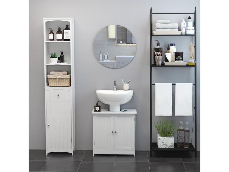  Meuble sous lavabo blanc, 2 portes, étagère réglable, découpe pour siphon, 60 x 30 x 60 cm  - Conforama D