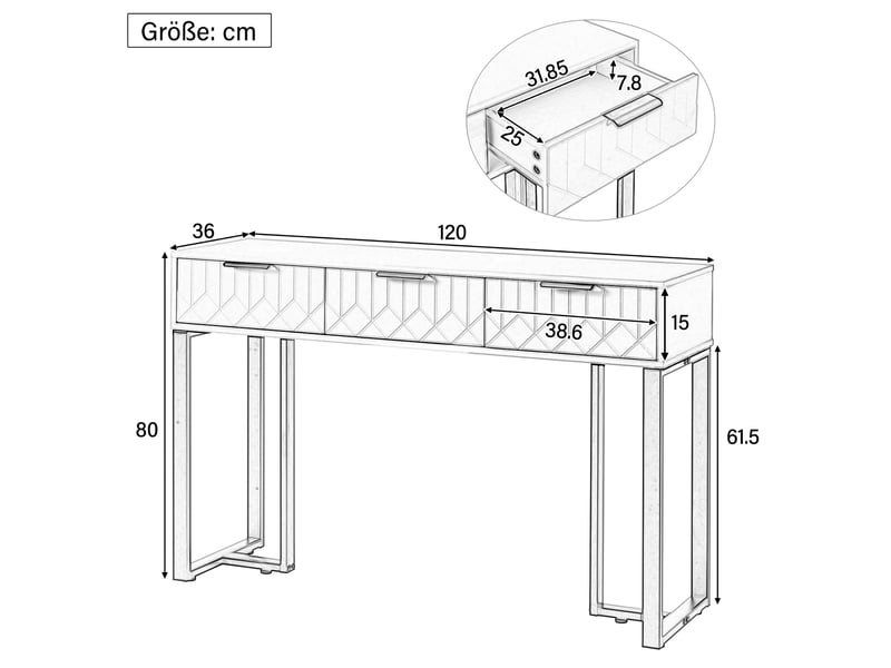  Console moderne 120x36x80 cm avec 3 tiroirs blanc et doré  - Conforama C