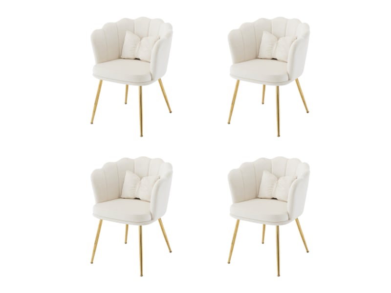 Lot de 4 chaises de salon, chaise rembourrée avec dossier en pétale, pieds en métal plaqué or et coussin papillon, beige, en velours - Conforama A