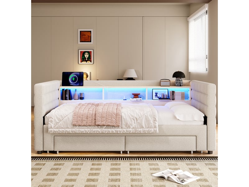  Lit de jour convertible, 90 × 190 cm, multifonctionnel, avec ports usb et type-c, deux tiroirs, plusieurs compartiments de rangement, éclairage led, sans matelas, velours, beige  - Conforama B