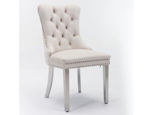 Lot de 2 chaises de salle à manger en velours beige, dossier haut capitonné, clous décoratifs, pieds finition chrome, structure en bois massif