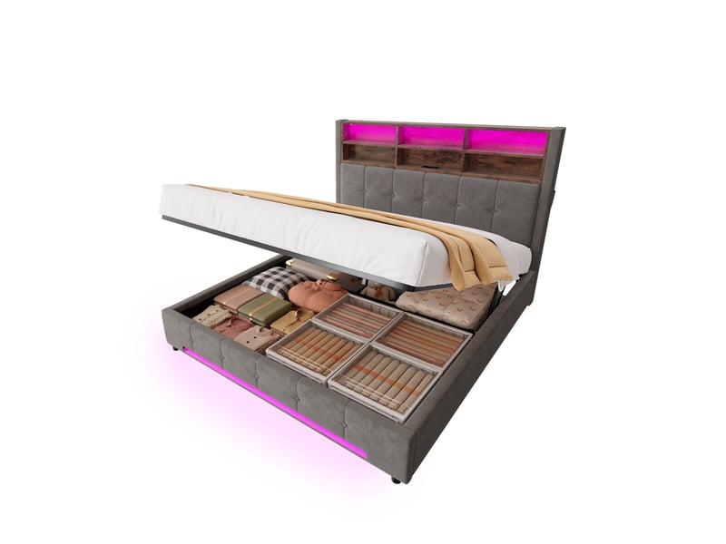  Lit coffre double 160×200 cm avec led réglable et usb-c - okmyhome- 6 étagères, velours gris foncé, sans matelas  - Conforama A