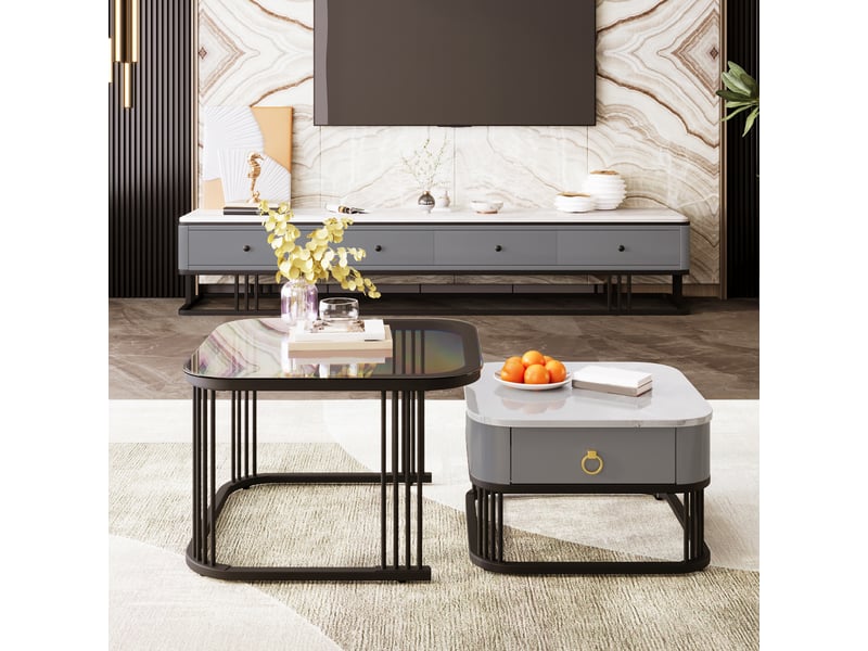  Tables basses gigognes avec 1 tiroir, plateau verre et décor marbre, structure métal, mdf, noir et gris  - Conforama D