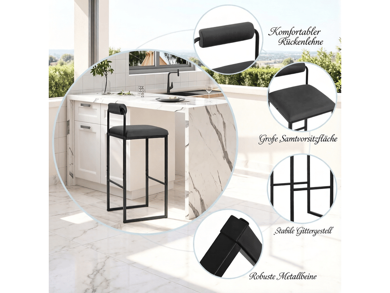 Tabourets de bar lot de 2 avec dossier et repose-pieds - lpospi - assise rembourrée, velours - gris foncé  - Conforama E