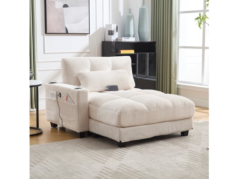  Fauteuil relax modenvie en velours côtelé beige 140 x 112 x 81 cm avec usb et porte-gobelets  - Conforama D
