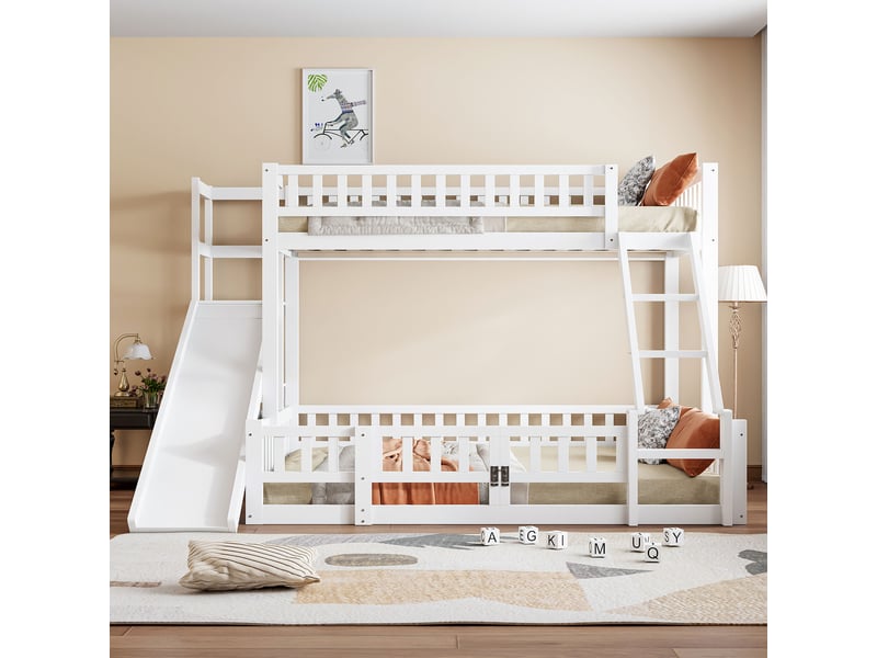  Lit superposé 140x200+90x200cm avec toboggan, étagères de rangement, escalier et sommiers, pin+mdf, blanc, sans matelas  - Conforama W