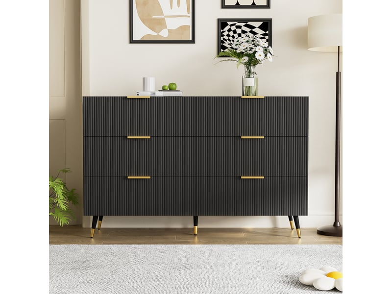  Commode 120x40x77 cm, meuble salon, chiffonier avec 6 tiroirs de rangement,en mdf, noir  - Conforama E