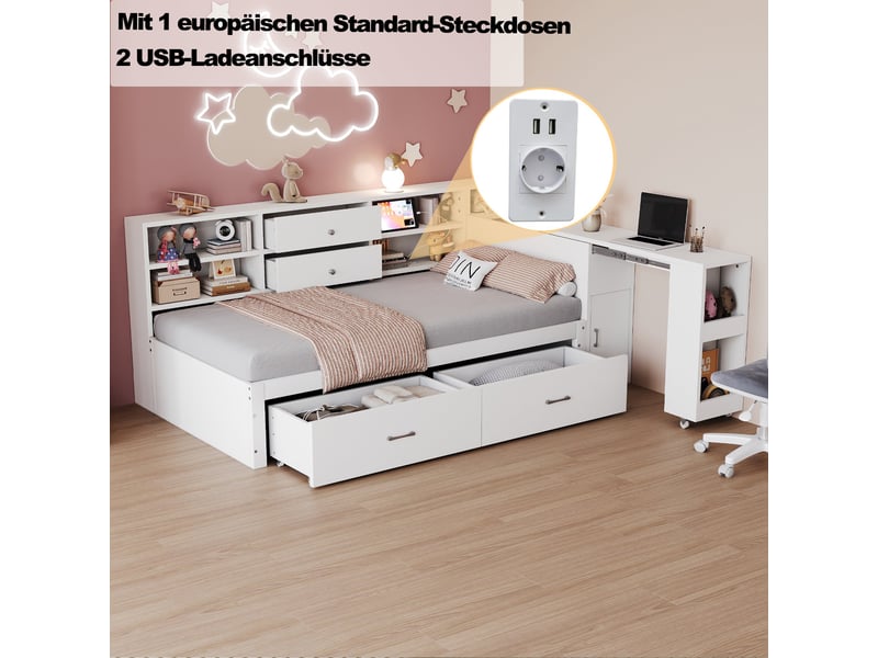  Lit coffre 90x200 cm blanc en bois avec rangements, tiroirs et bureau escamotable  - Conforama W