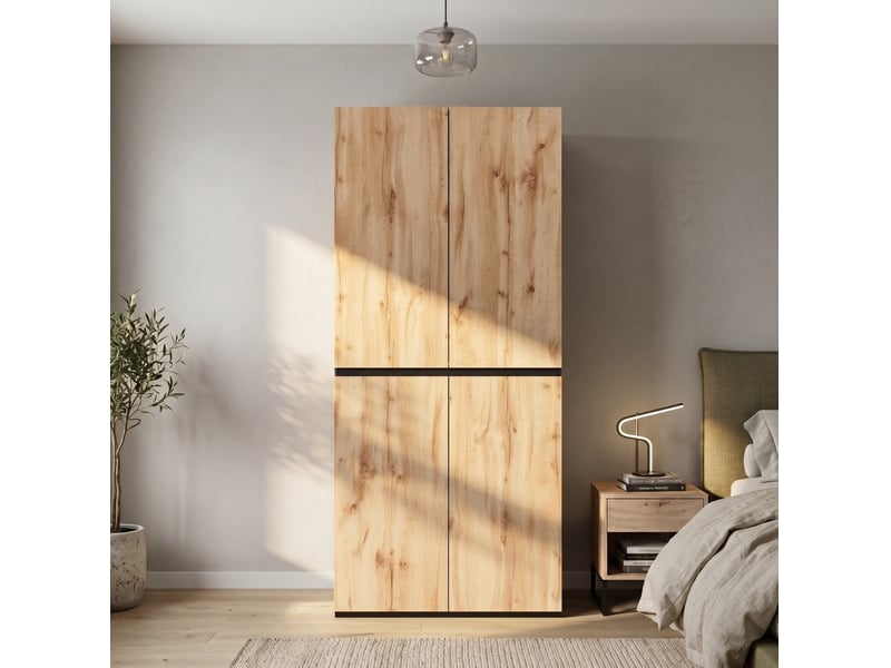  Armoire 4 portes 90x50x200 cm avec penderie et tiroirs coloris bois  - Conforama B