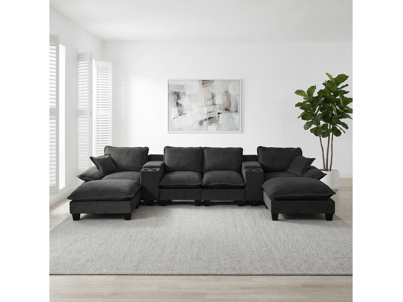 Canapé modulable en u modenvie 6 places avec rangement, usb et porte-gobelets, 392 x 155 x 90 cm, chenille noire, 2 ottomans et 2 coussins  - Conforama D