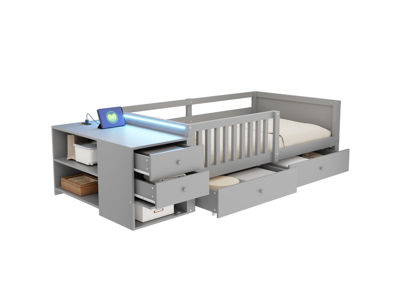  Lit combiné enfant 90x200cm - lit multifonction avec bureau, prises électriques, led, 2 tiroirs de rangement, étagères et barrière, gris evarich - Conforama A
