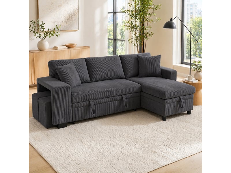 Canapé d’angle convertible 3 places 231x131,5 cm – gris – rangement, usbusb-c et étagère latérale - Conforama B
